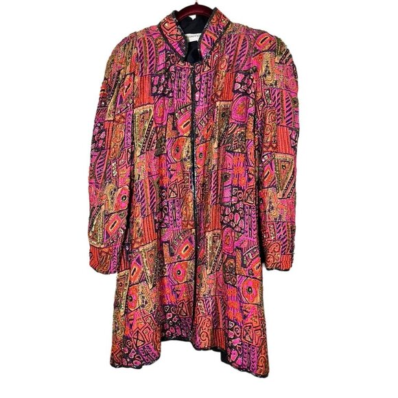 Vintage Silk Beaded Floral Sequin Jacket L Pink Avant Garde Swing Coat Patchwork - Picture 1 of 15